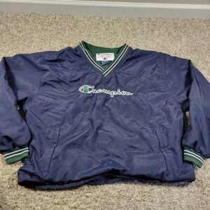 Vintage Champion Windbreaker Jacket Mens Large Blue Long Sleeve Spellout FLAW